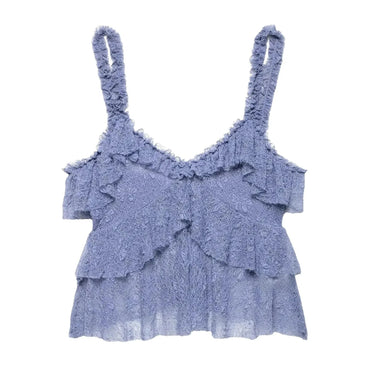 Blue lace top with ruffled layers on a white background